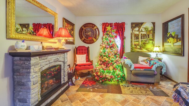 Een gezellige woonkamer met een open haard, een kerstboom en een grote spiegel aan de muur.