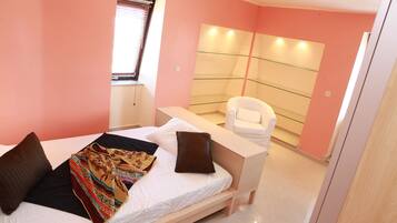 1 bedroom, desk, iron/ironing board, travel cot