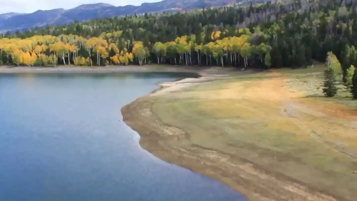 A lake surrounded by forested hills.