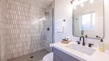 Combined shower/bathtub, hair dryer, towels