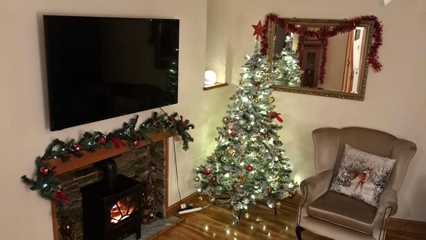 A living room with a fireplace, a Christmas tree, a television, and a chair.