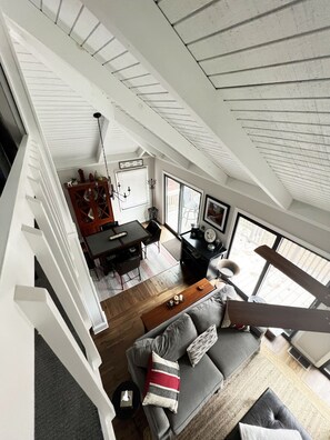Smart TV, fireplace, books