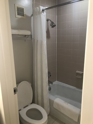 Een badkamer met toilet, douche en bad.