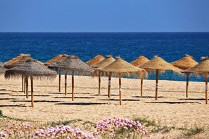 A beach with thatched umbrellas and a sandy shore. - Great, Bright 2-bedroom Flat in the Center of Vilamoura -Topázio By Centralgarve (Quarteira)