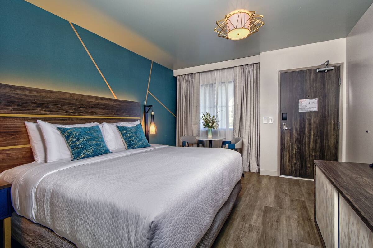 A hotel room with a large bed, a desk, a chair, a small table, a plant, and a door.