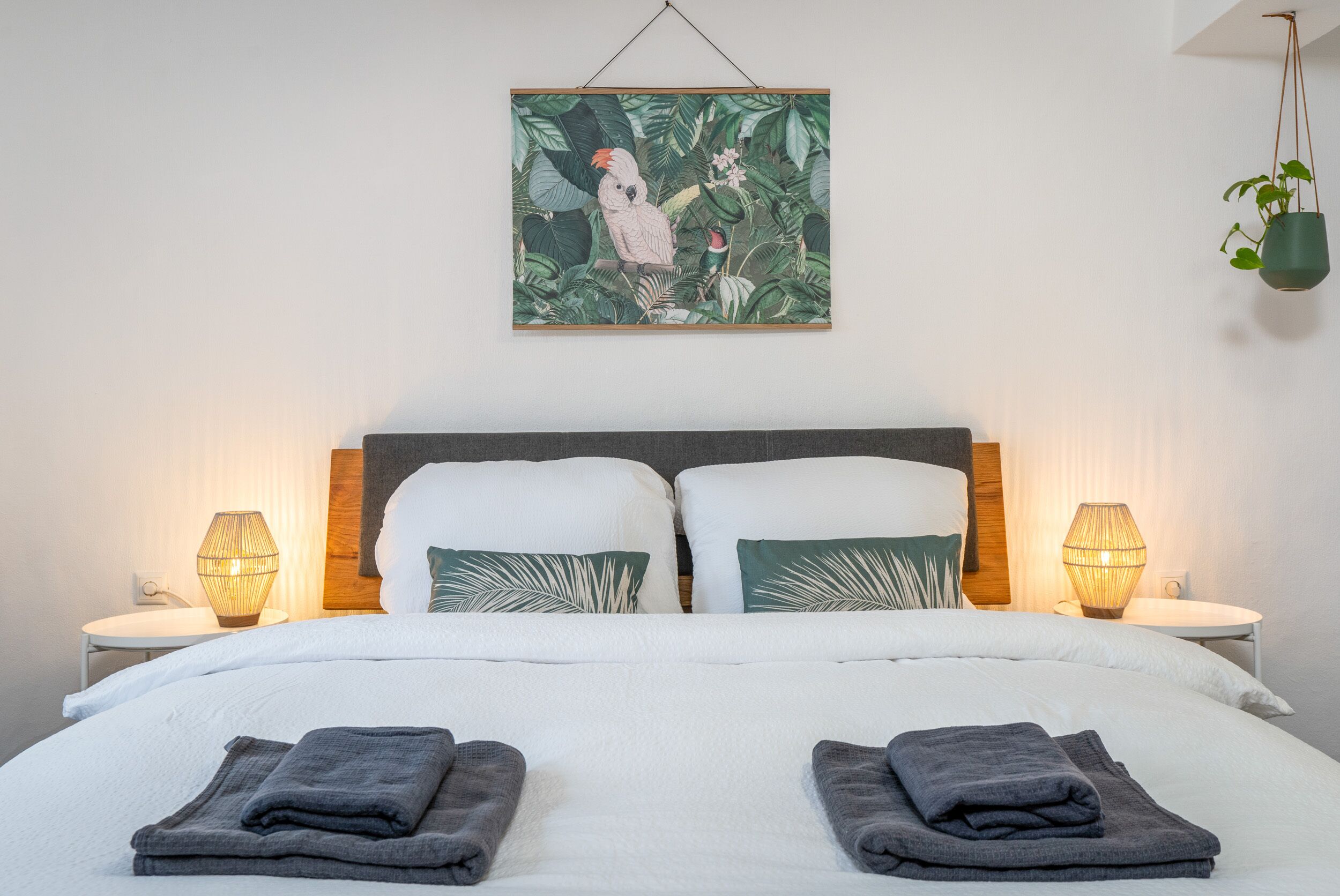 2 habitaciones, escritorio y tabla de planchar con plancha 