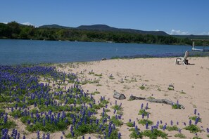 On the beach, sun loungers