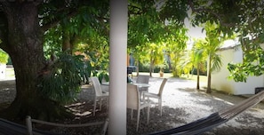 A hammock, a table with chairs, and a large tree in a garden area. - La Casita de Cabrera by Cabrera Lodge (Nagua)