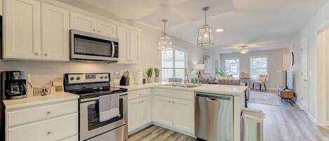 Fridge, microwave, oven, dishwasher