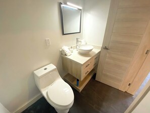 Douche, sèche-cheveux, bidet, serviettes fournies