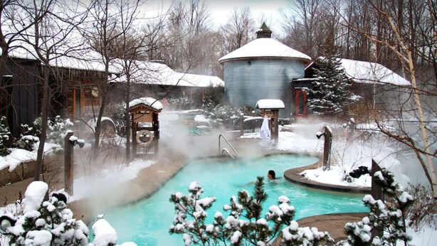 A snow-covered outdoor pool area with a hot tub, surrounded by buildings and trees. - Cozy Cabin Inn w/ Private Hot Tub, Fire Pit + close to Golf, Trails, Waterfalls (Owen Sound)