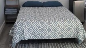A bedroom with a bed, a ceiling fan, a painting, a TV, and a small table with a basket. - Lovely 1 Bedroom with a Pool (Jupiter)