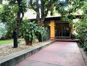A pathway leading to a building with a glass door, surrounded by potted plants and trees. - Los Nardos Hostel  (Oaxaca)
