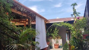 A covered outdoor area with potted plants and a pergola structure.