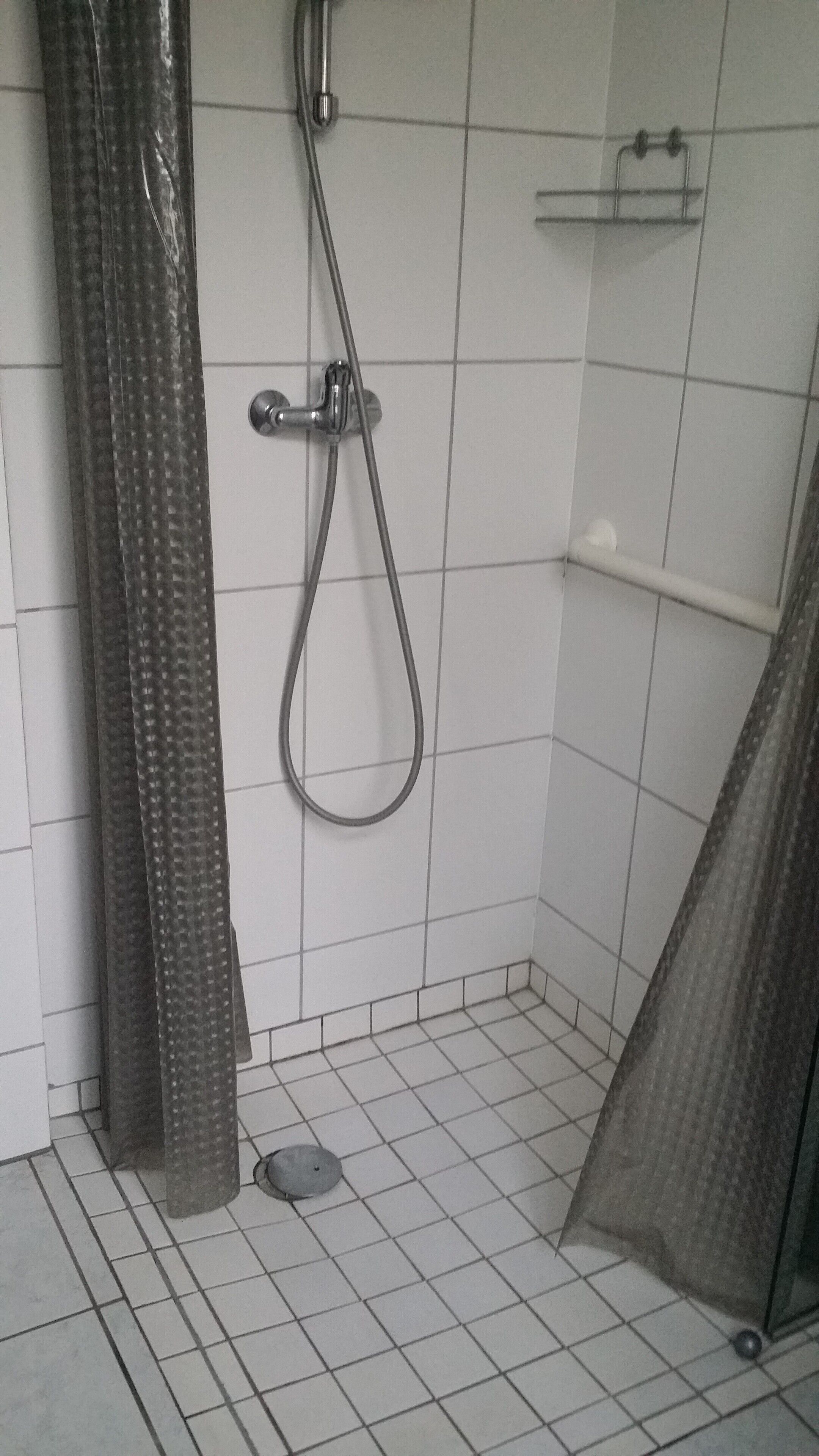 Shower, hair dryer, towels, toilet paper
