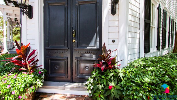 A double door with a keyhole, flanked by two potted plants with red and green leaves, and a white building with black shutters.