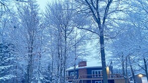 A two-story house surrounded by snow-covered trees.