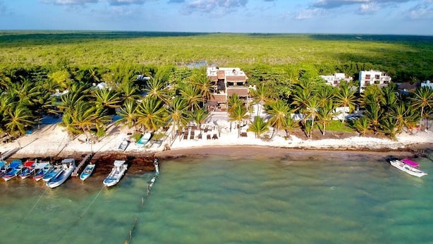 A coastal property with a beach, boats, and palm trees. - Hotel Luna de Plata (Mahahual)