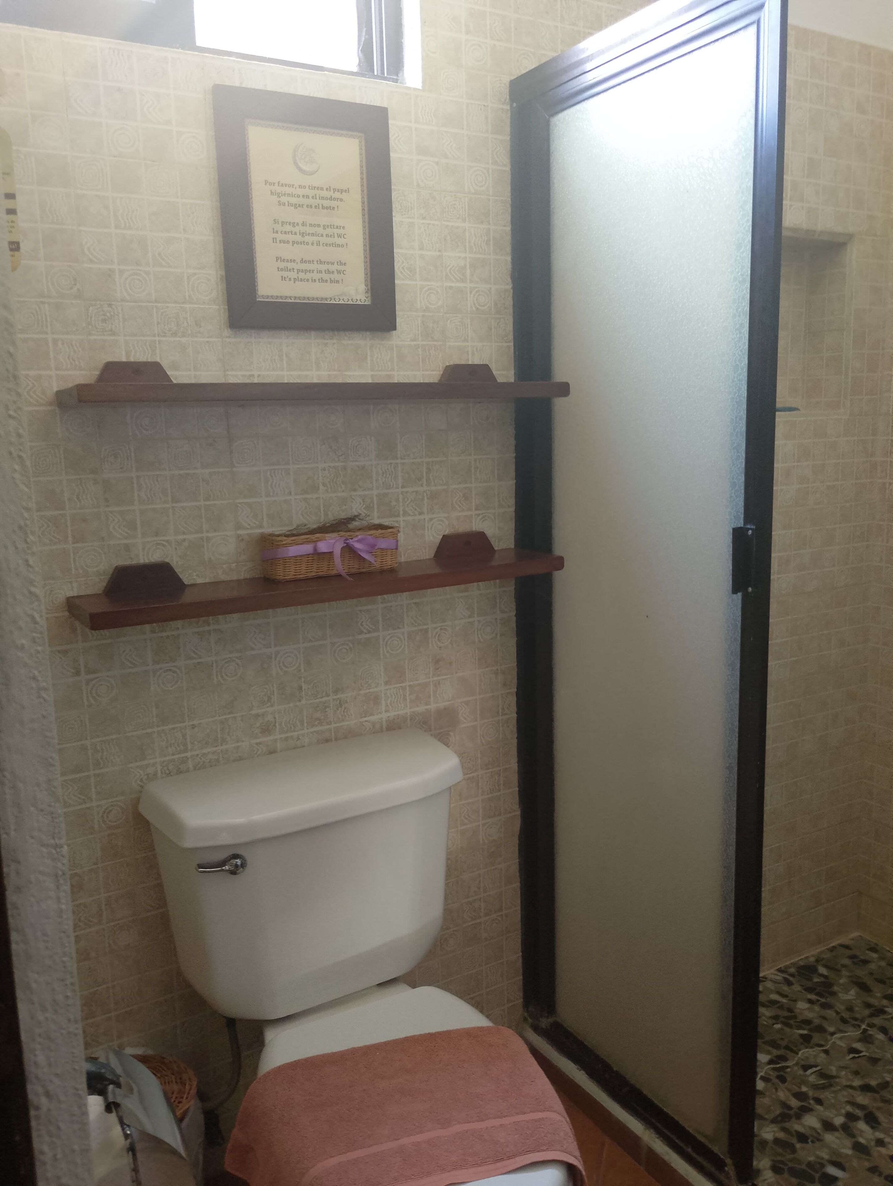 A bathroom with a toilet, a shower enclosure, and a framed sign on the wall.