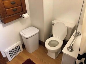 Combined shower/bathtub, towels, soap, shampoo