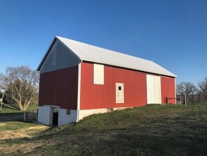 Situated on a grassy hill, this charming barn features a small door and window.