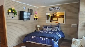 A bedroom with a bed, a TV, a bedside table, a lamp, a mirror, and a view of the kitchen. - Main floor studio well-furnished room.  Unit 2 with bath/shower bidet toilet (Pinehurst)