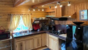 A wooden cabin kitchen with a wooden ceiling, a sink, a stove, and a refrigerator. - Cabin 1 on the Kenai River!best view cabin (Sterling)