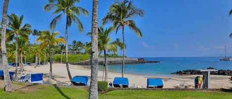 靠近海滩、沙滩椅、沙滩毛巾