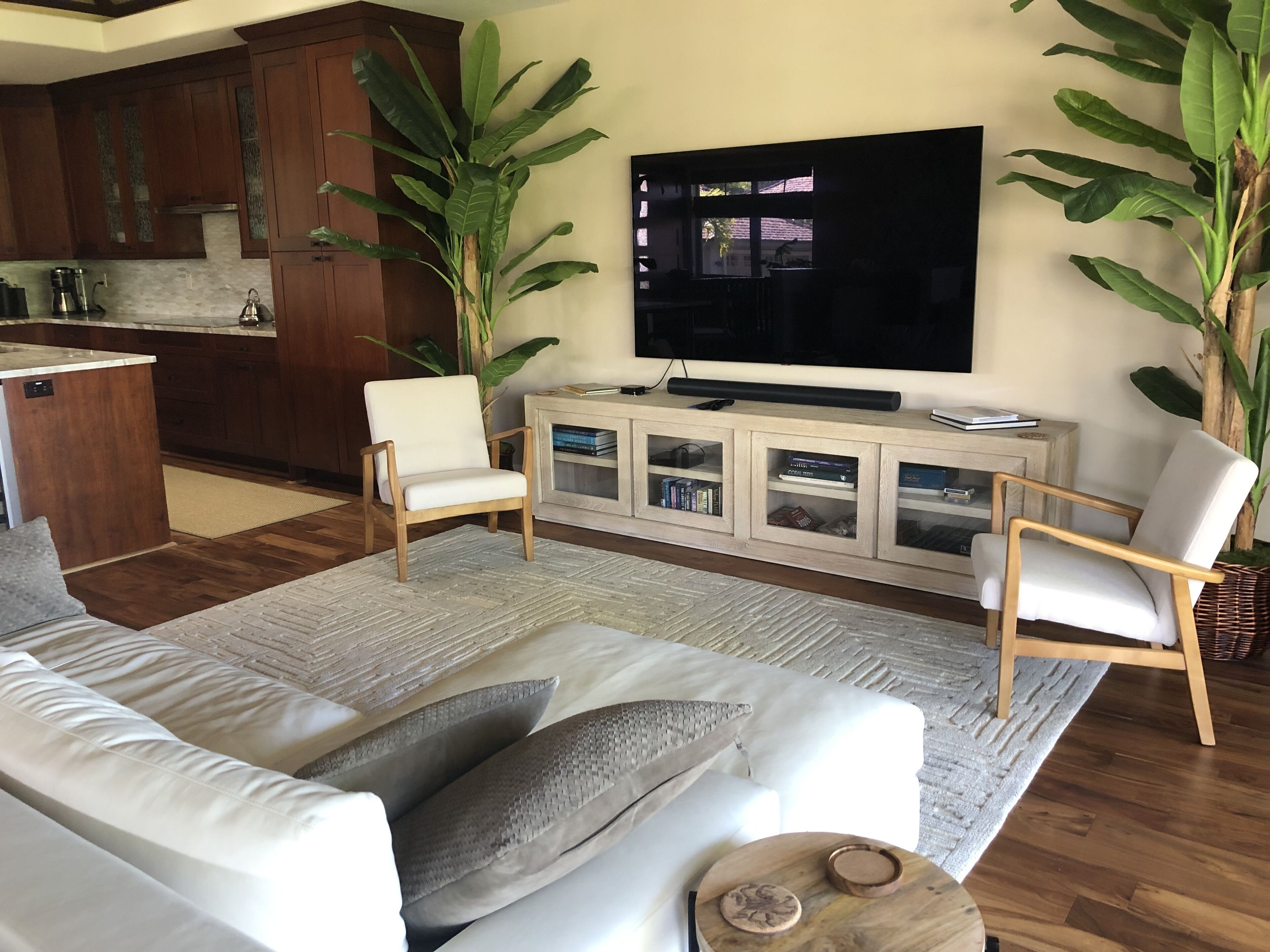 A living room with a sofa, two armchairs, a coffee table, a TV, a cabinet with books, and large plants.