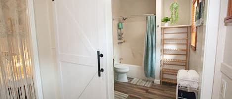 Un baño con puerta blanca, ducha, inodoro, toallero y una planta colgante.