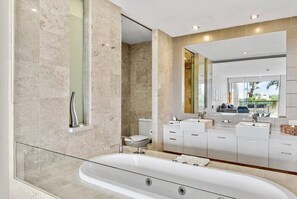 Hair dryer, towels, soap, shampoo