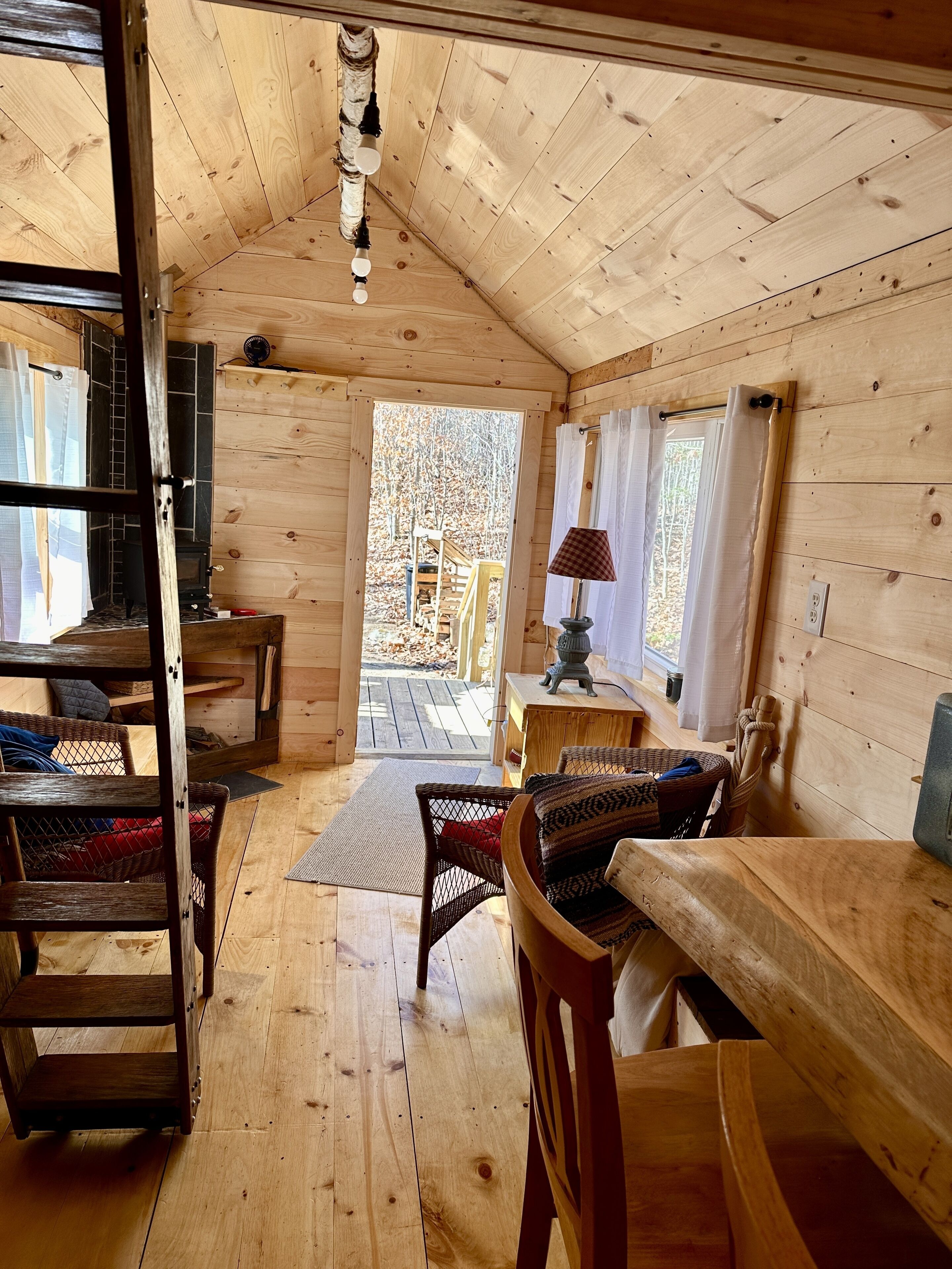 Un accogliente interno di una baita in legno con zona pranzo, camino e vista sull'esterno.