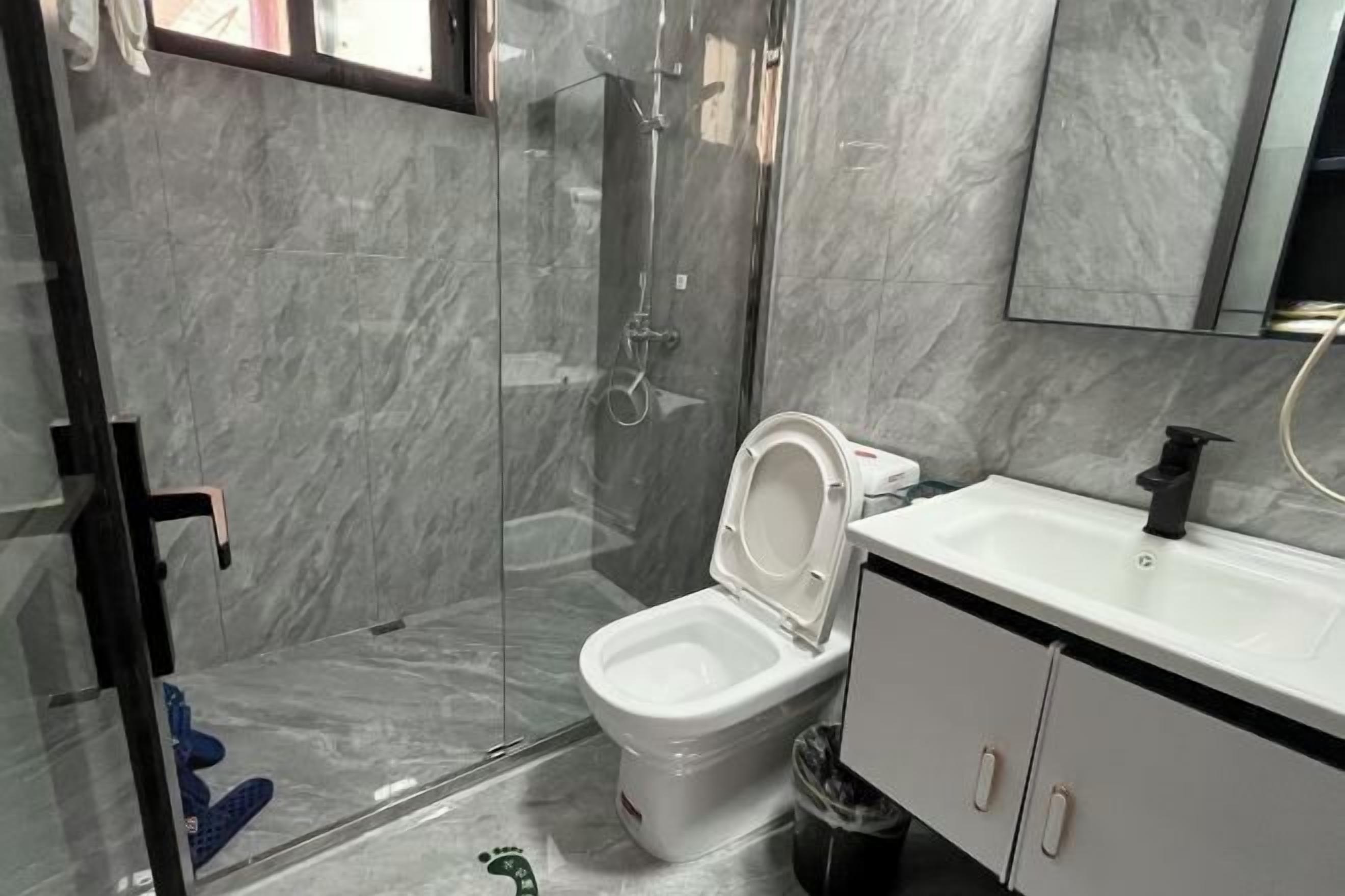 A bathroom with a glass shower enclosure, a toilet, a sink, and a mirror.