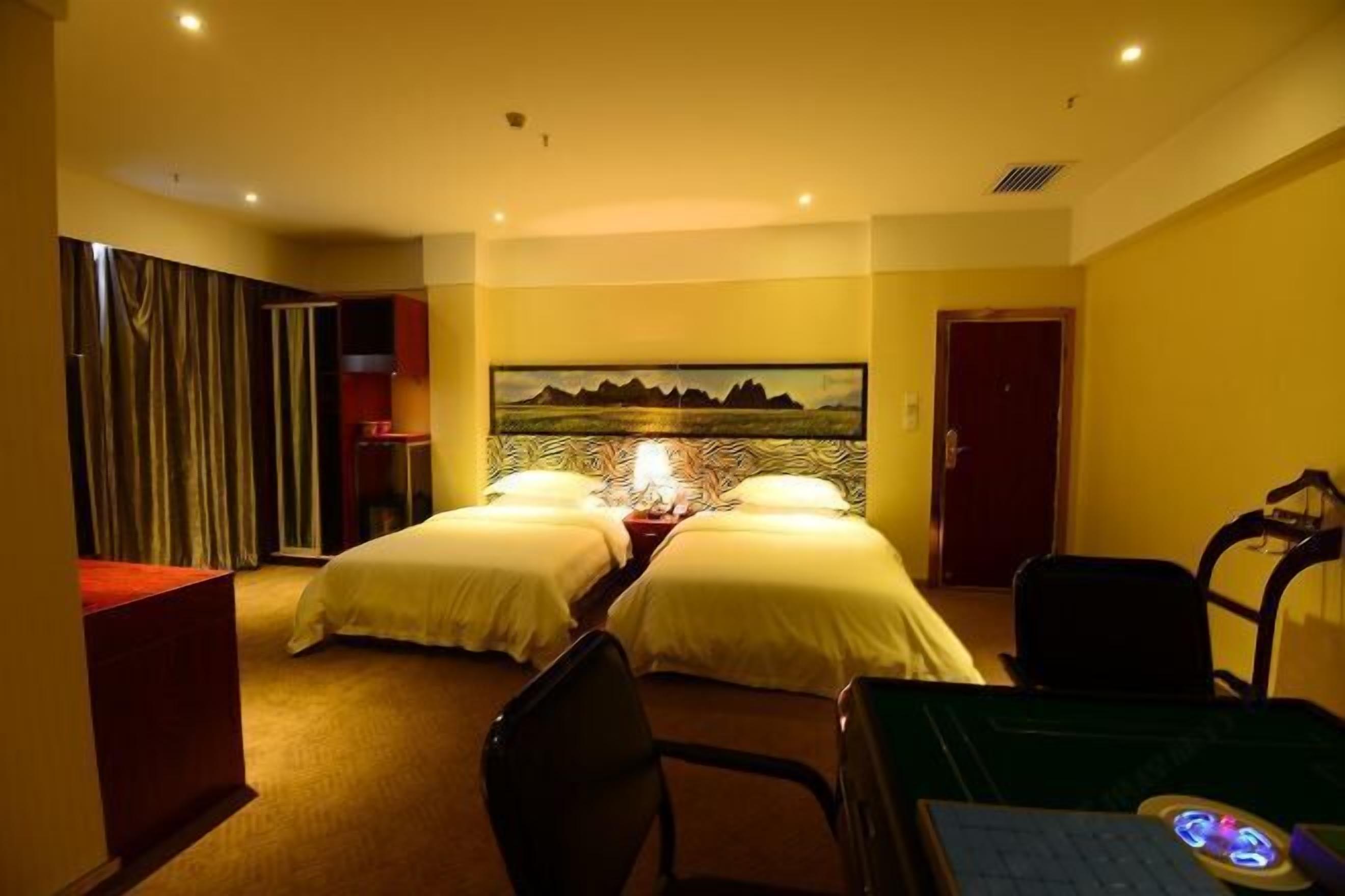 Desk, blackout drapes, bed sheets