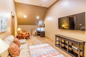 TV, fireplace, books