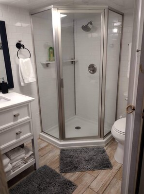 Shower, hair dryer, towels, soap