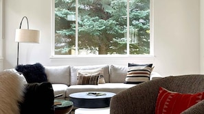 Smart TV, fireplace, books, offices