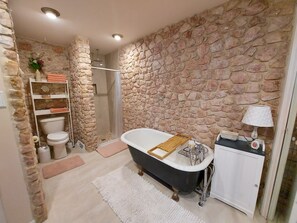 Ensemble douche/baignoire, sèche-cheveux, serviettes fournies, savon