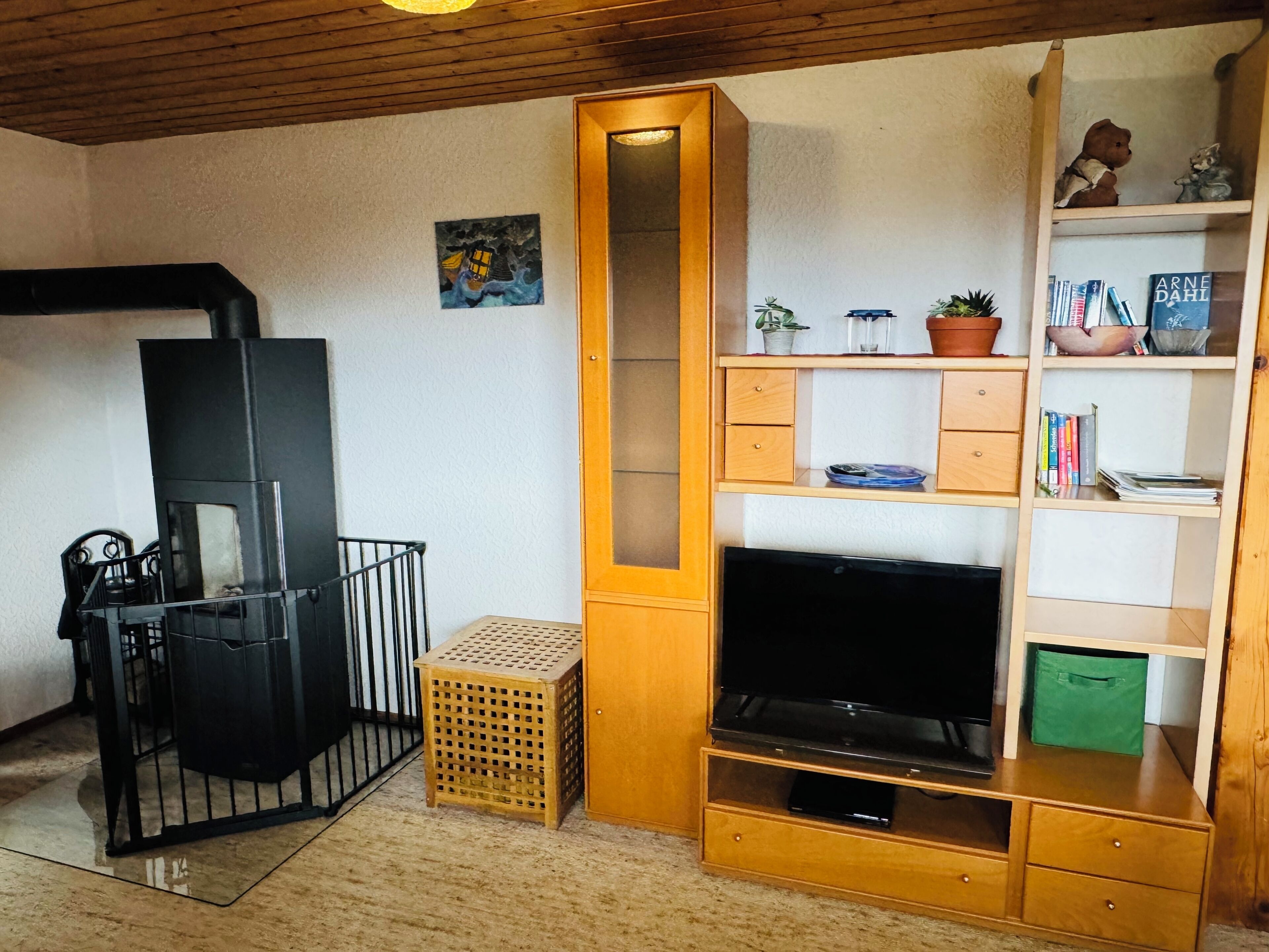 A cozy living room with a fireplace, wooden furniture, a television, and a bookshelf.
