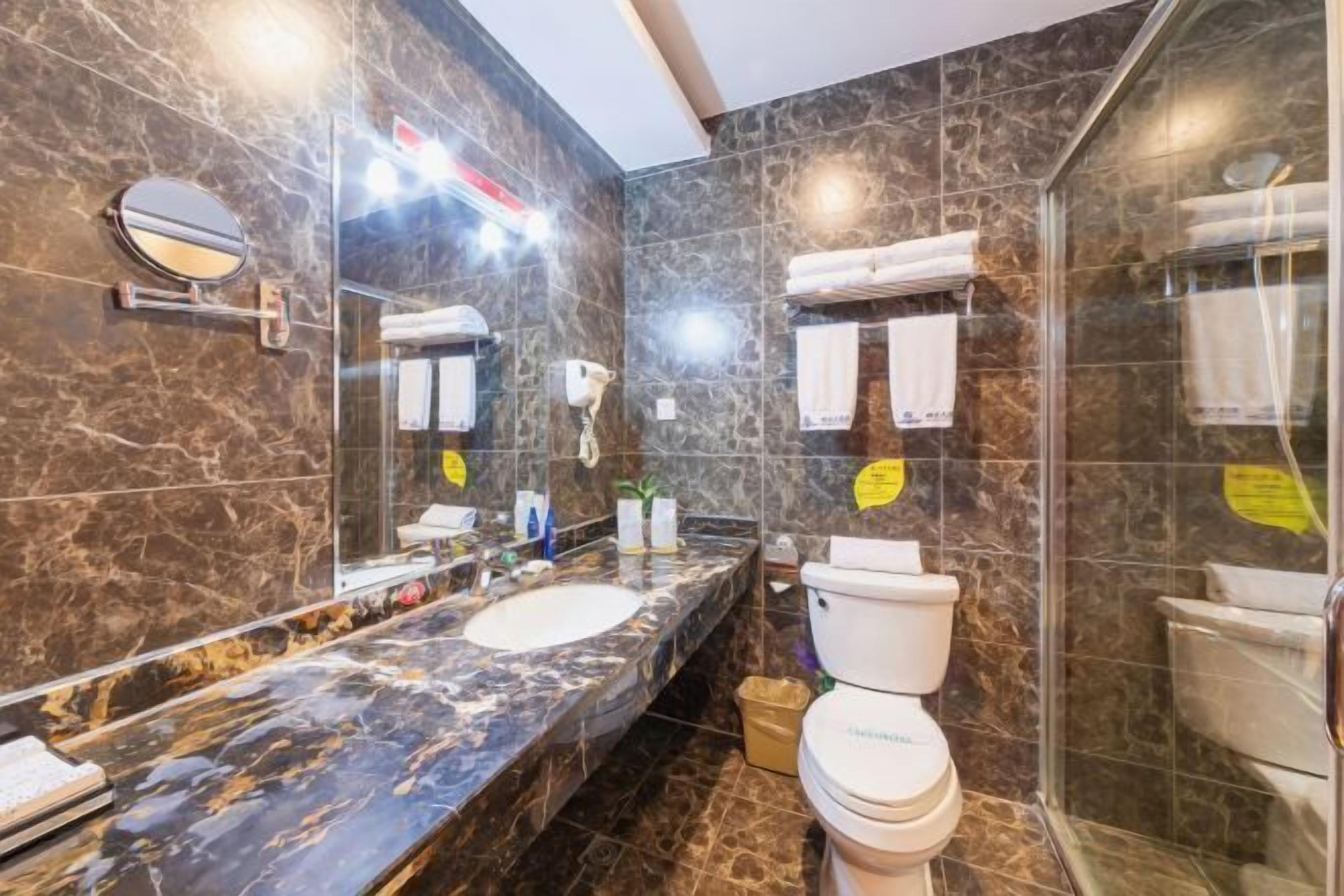 A bathroom with a marble sink, a toilet, and a shower area.