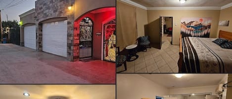 A multi-room apartment with a bedroom, living room, and kitchen area.