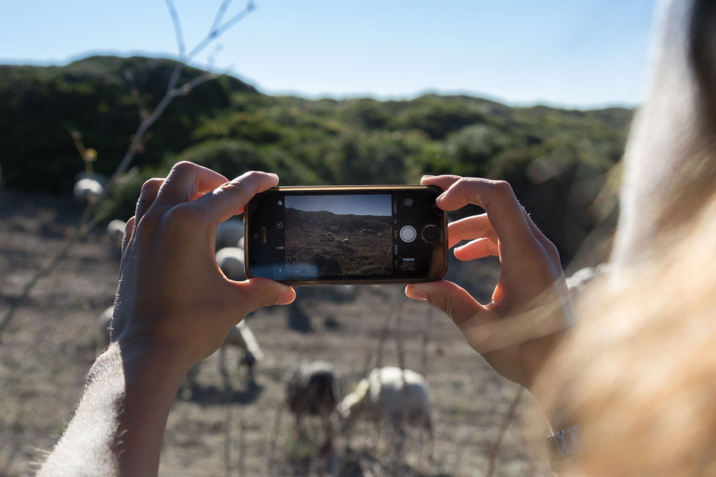 A person holding a smartphone, capturing a landscape with hills and a clear sky.