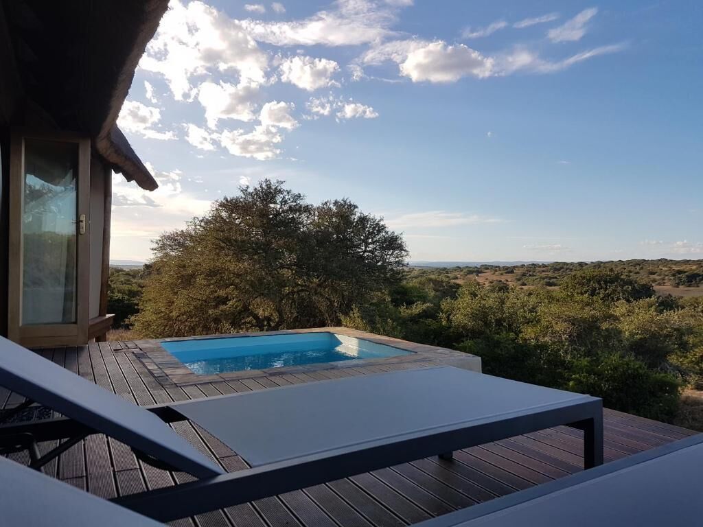 A wooden deck with a swimming pool, lounge chairs, and a view of the landscape.