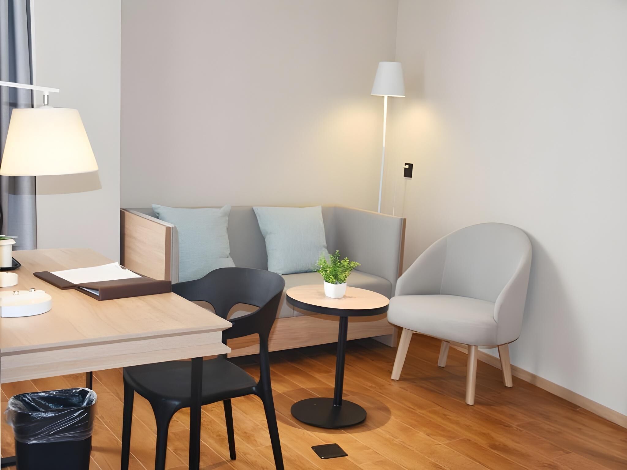 A modern, well-lit room with a wooden table, two chairs, a small round table with a plant, a sofa with cushions, and a floor lamp.