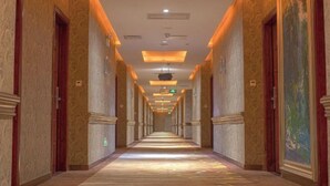 Un largo y estrecho pasillo de hotel con paredes ornamentadas y una alfombra estampada.