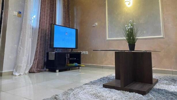 Un soggiorno con una TV a schermo piatto, un tavolino da caffè in legno scuro e una pianta in vaso.