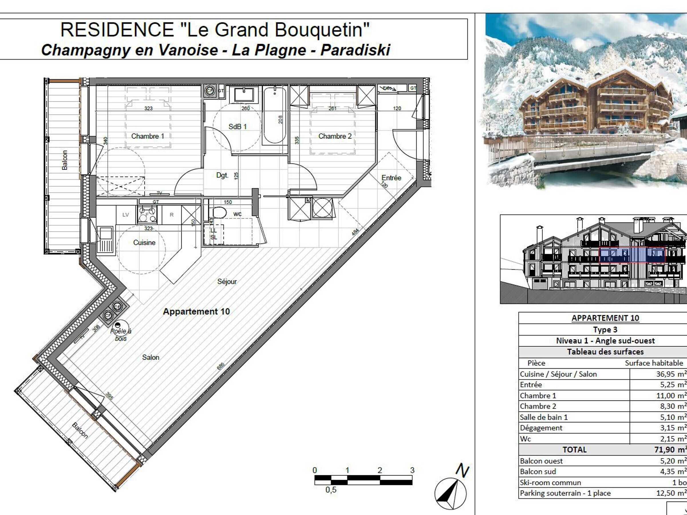A floor plan of a hotel named "Le Grand Bouquetin" in Vanoise, La Plagne, Paradiski. It includes a 10-room apartment with a balcony, a dining area, a kitchen, and a living room.