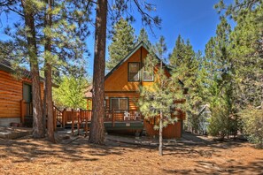 A cabin with a wooden exterior, surrounded by pine trees.