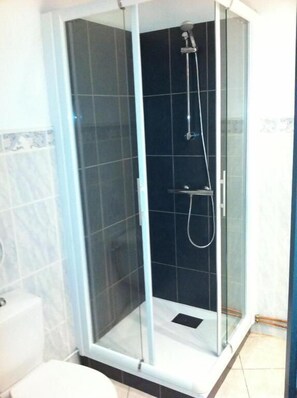 A glass-enclosed shower stall with a handheld showerhead and a wall-mounted faucet. - HÔTEL LES FRANGINS (Saint-Omer)
