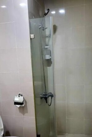 Shower, hair dryer, soap, shampoo